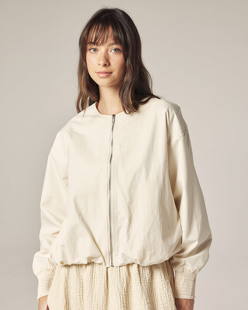 Smocked Sleeve Zip Jacket in Ecru