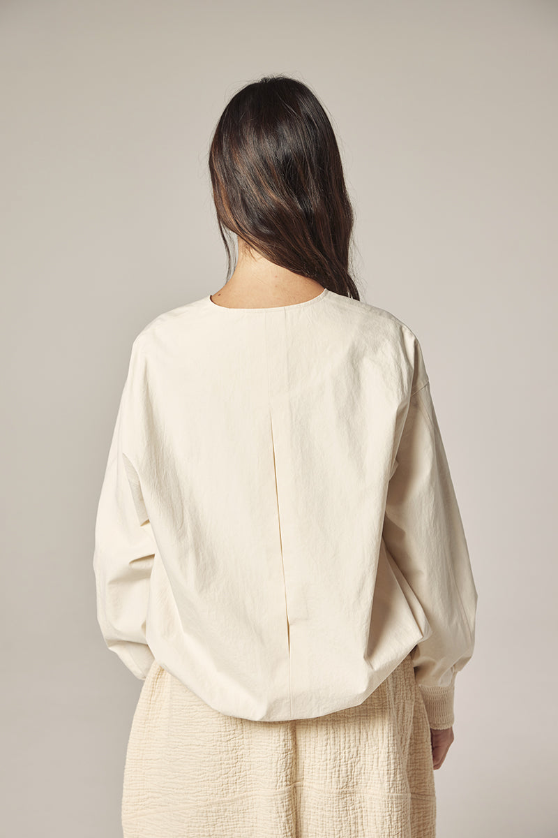 Smocked Sleeve Zip Jacket in Ecru