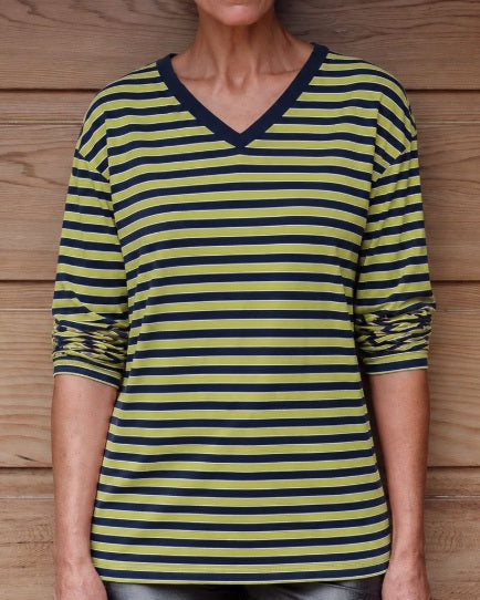 The Jersey Stripe V Neck in Navy, Pistachio and Creme