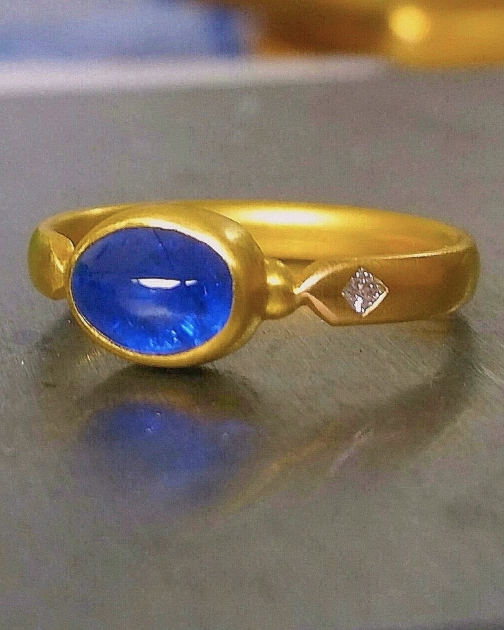 “L’Heure Bleue” Gold, Burmese Sapphire and French Cut Diamond Ring