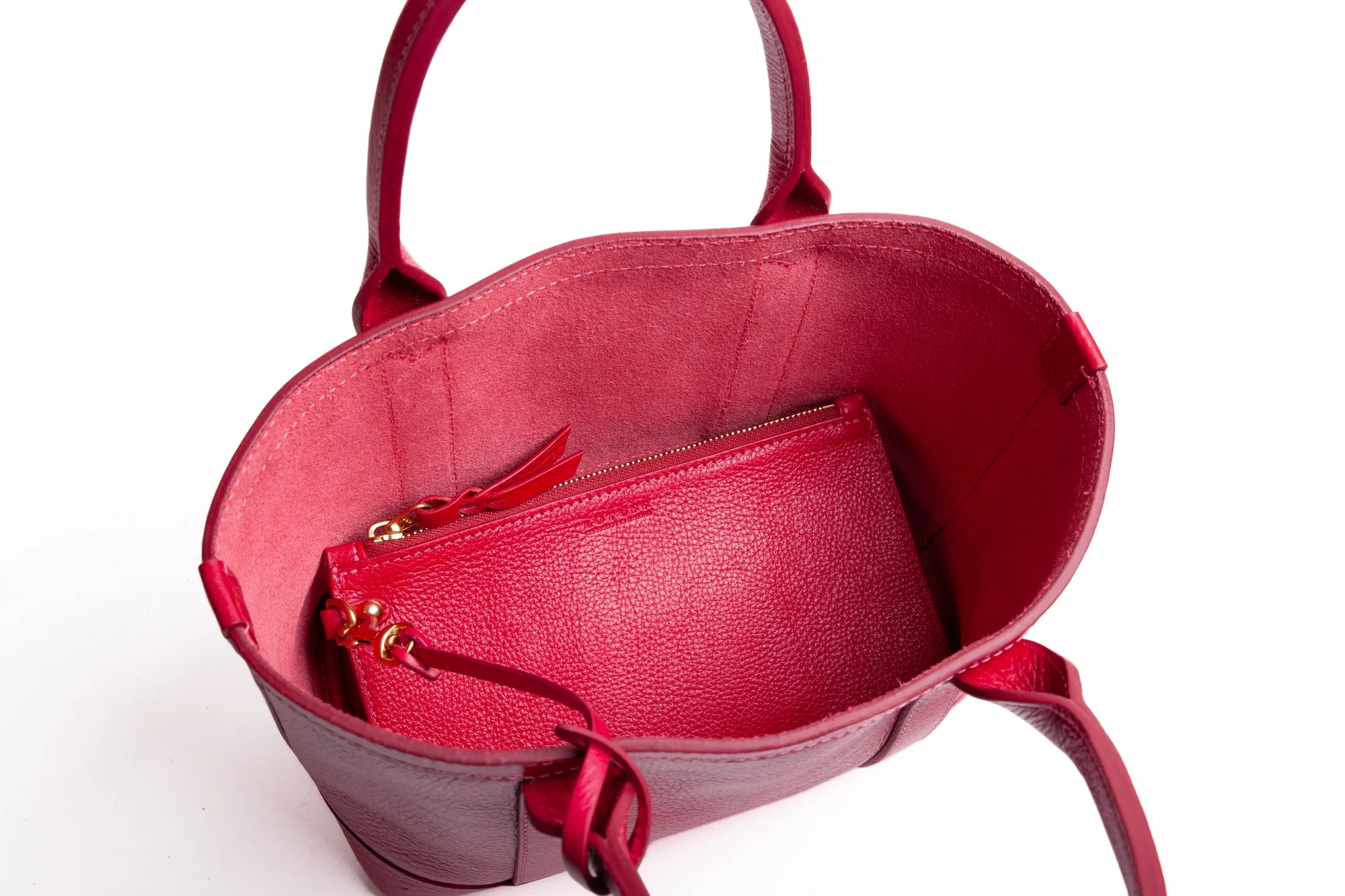 Leather Mini Tote with Pouch in Raspberry