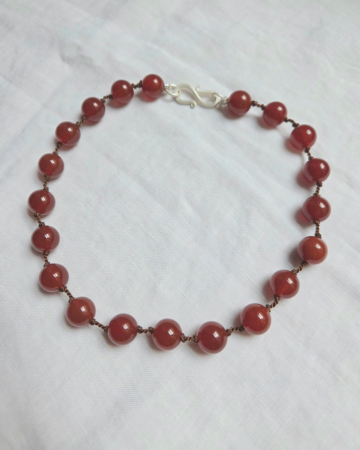 "Kurago-Tamago XVII" Sterling Silver, Carnelian and Silk Necklace