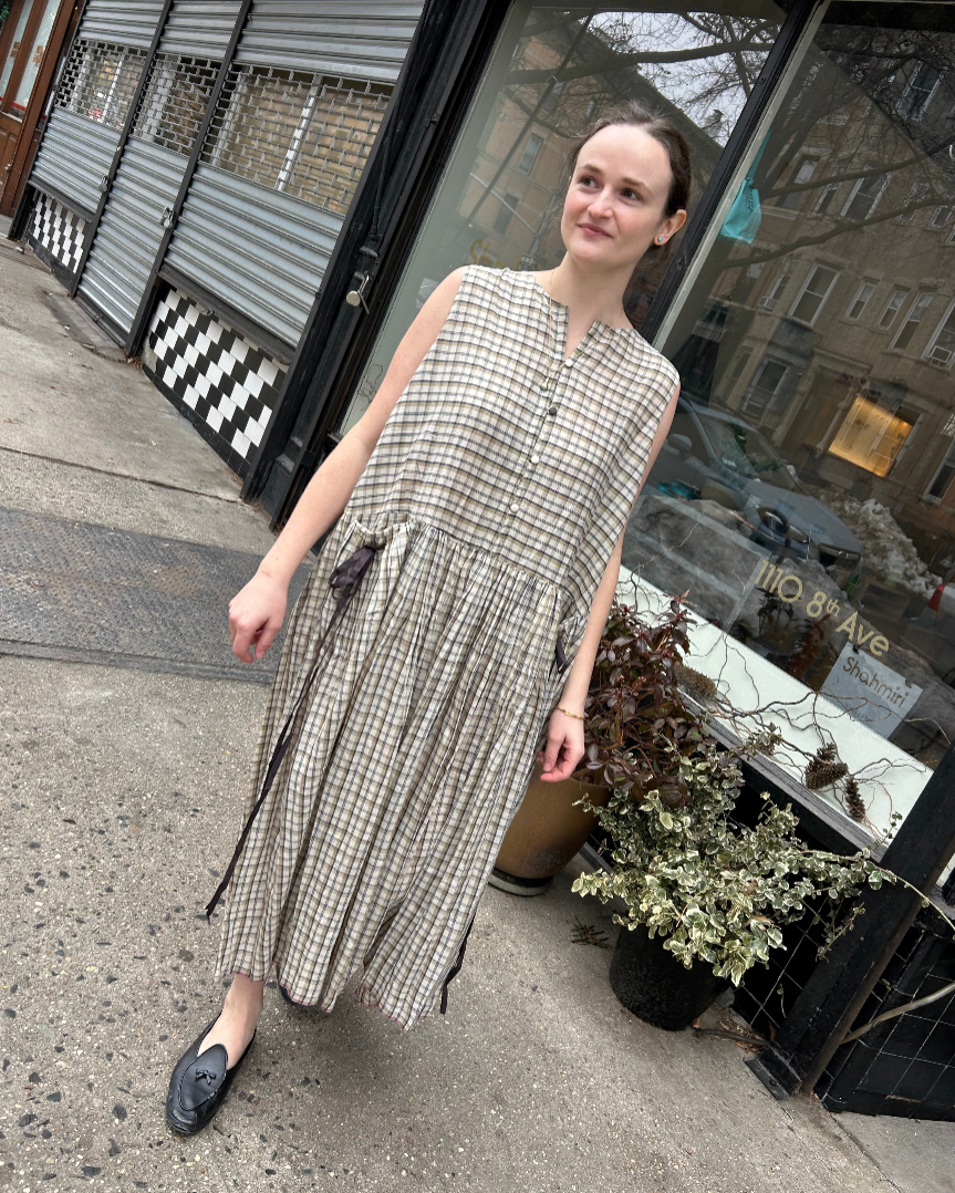 Poppy Dress in Beige and Charcoal Check