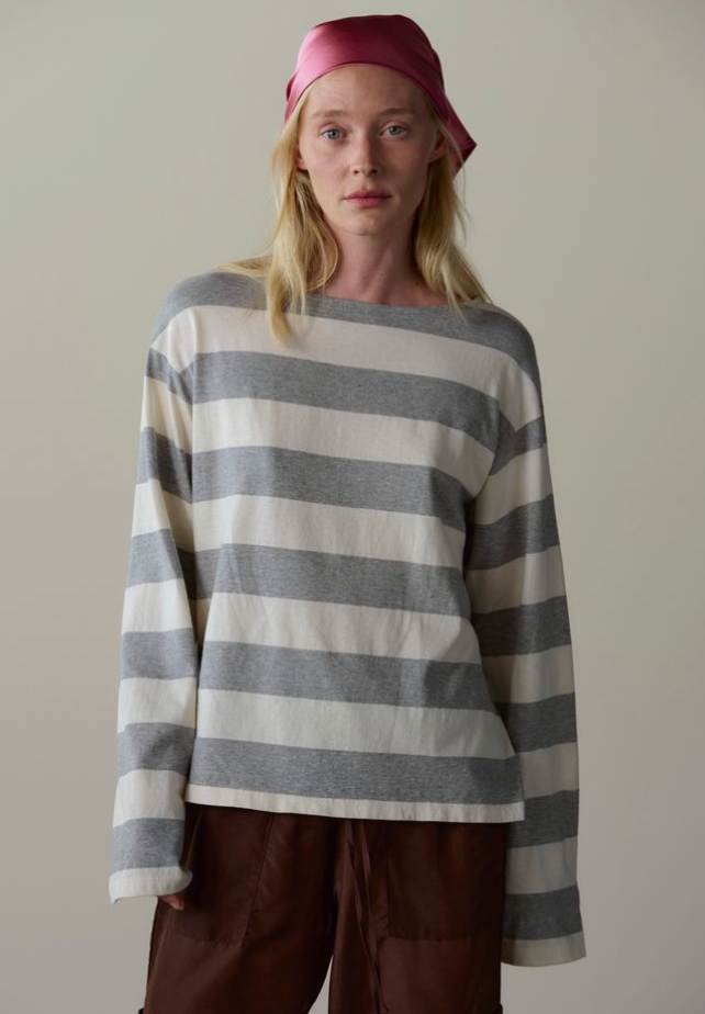 The Jersey Stripe Boatneck in Heather Grey and Creme