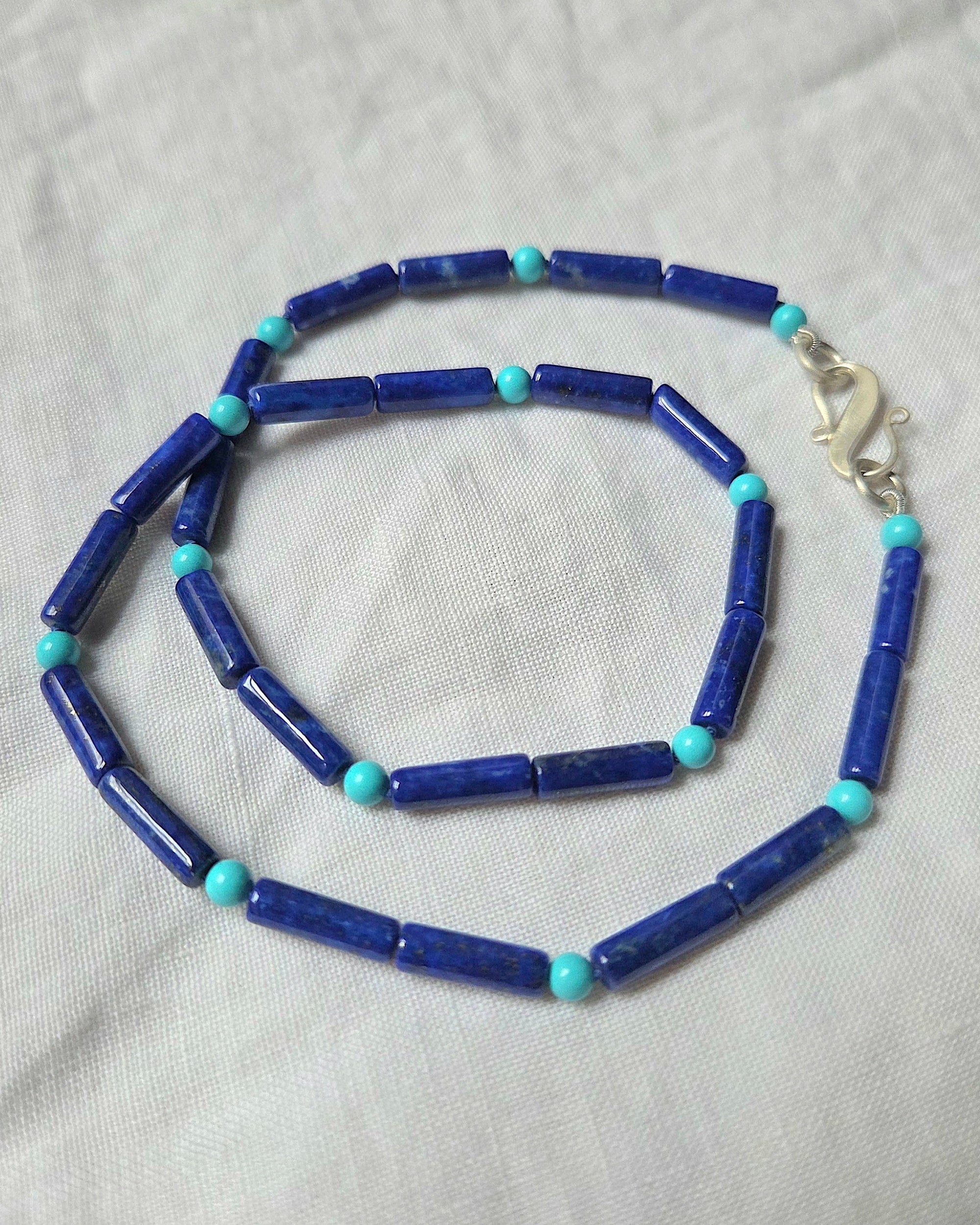 “What Ramses Lost IX” Lapis Lazuli, Sleeping Beauty Turquoise, Sterling Silver and Silk Necklace