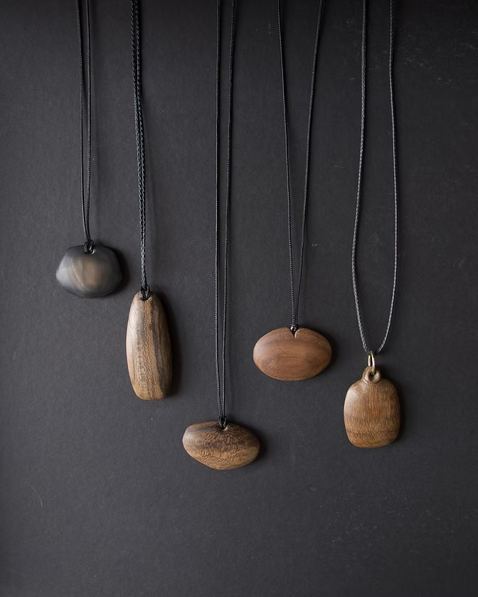 Carved Wood and Nylon Necklace