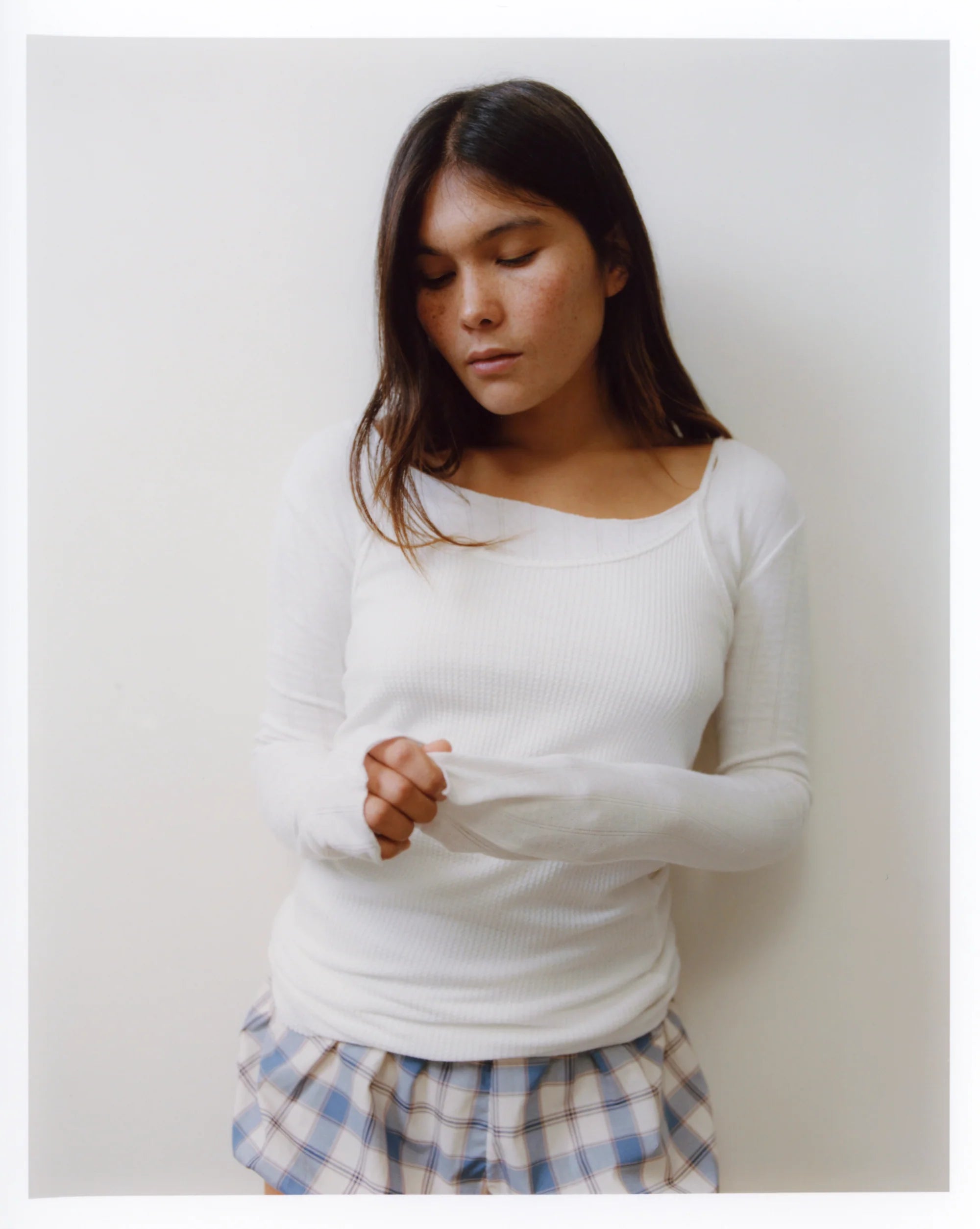 The Stretch Long Sleeve Pointelle White Tee