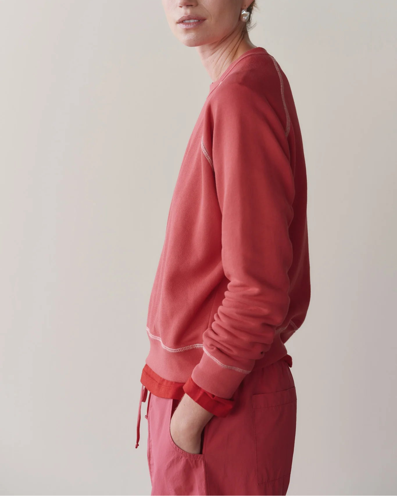 The Eco Terry Contrast Stitch Sweatshirt in Raspberry